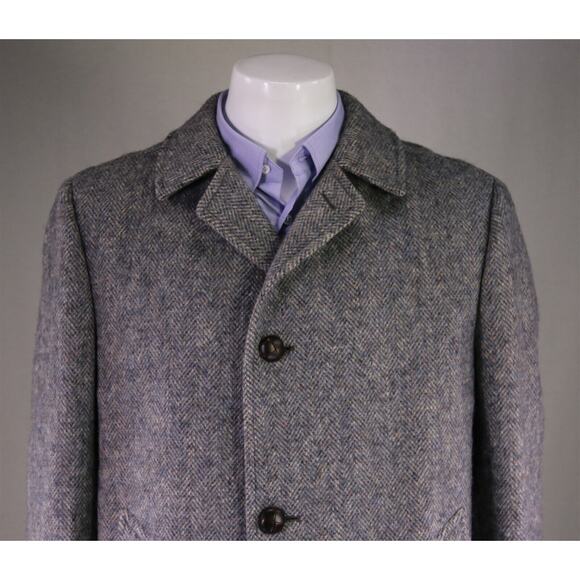 Aquascutum 1980's Blue-Gray Herringbone Tweed Heavy Full Length Overcoat 42R - Picture 3 of 9
